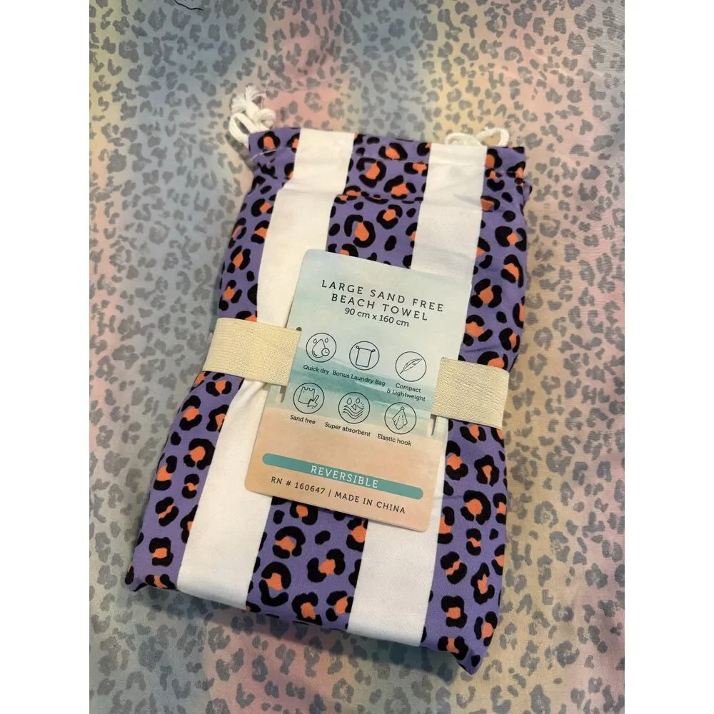 Truly Lou Reversible Sand Free Beach Towel Leopard Print PUNK 35x62 NWT